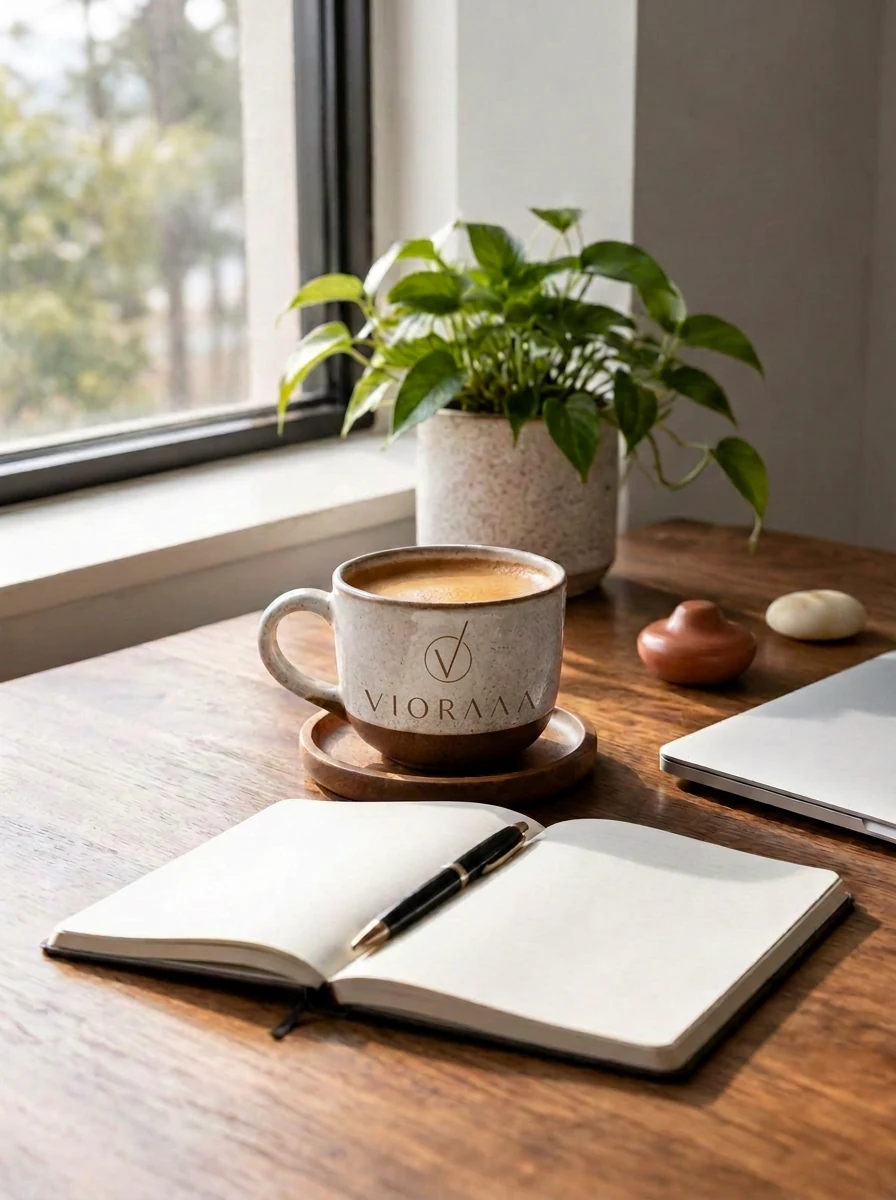 The work-desk pause with a VIORAAA-branded coffee cup