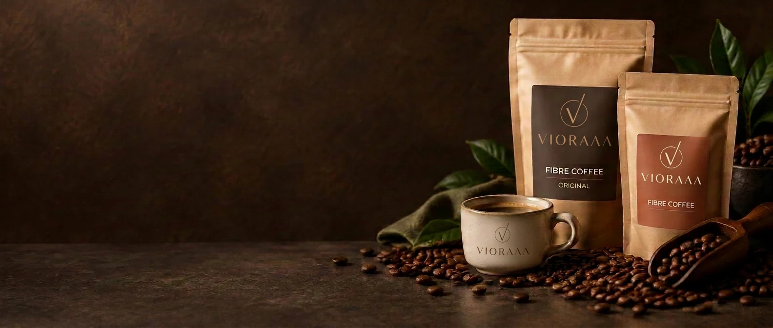VIORAAA branded Fibre Coffee pouches with a cup of coffee on a dark espresso backdrop