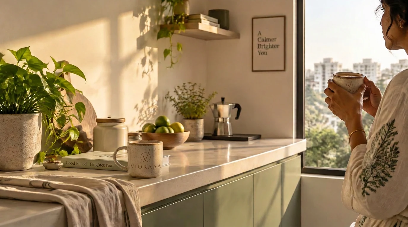 A calm morning coffee ritual in a sunlit kitchen