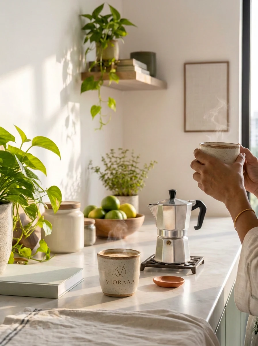 The morning cup with a VIORAAA-branded coffee cup