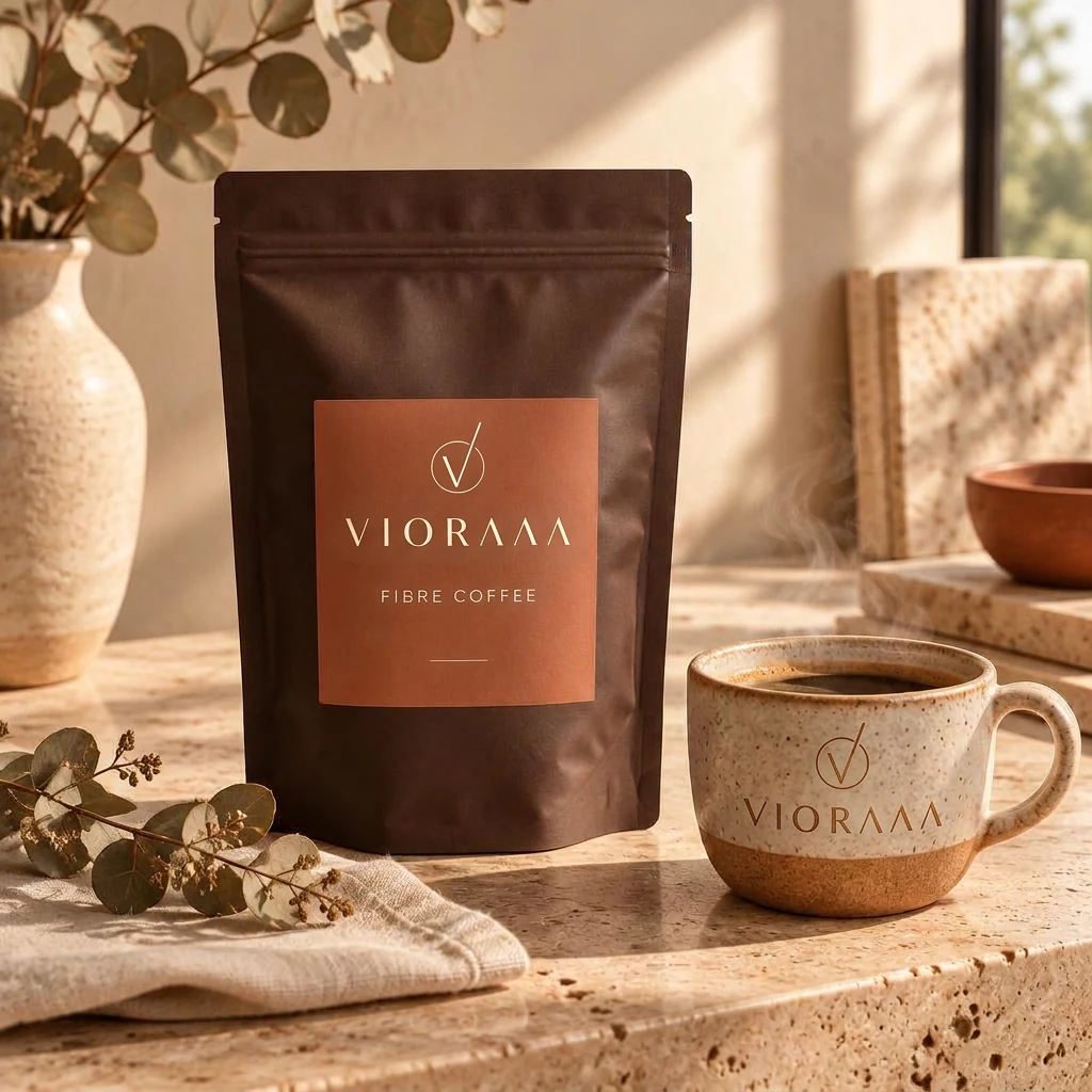 A VIORAAA Fibre Coffee pouch beside a steaming cup on a sunlit stone counter