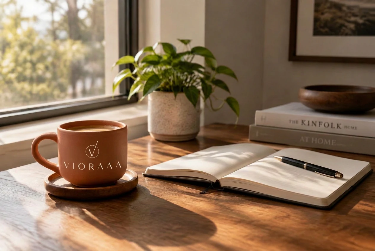 VIORAAA-branded coffee cup on a sunlit work desk